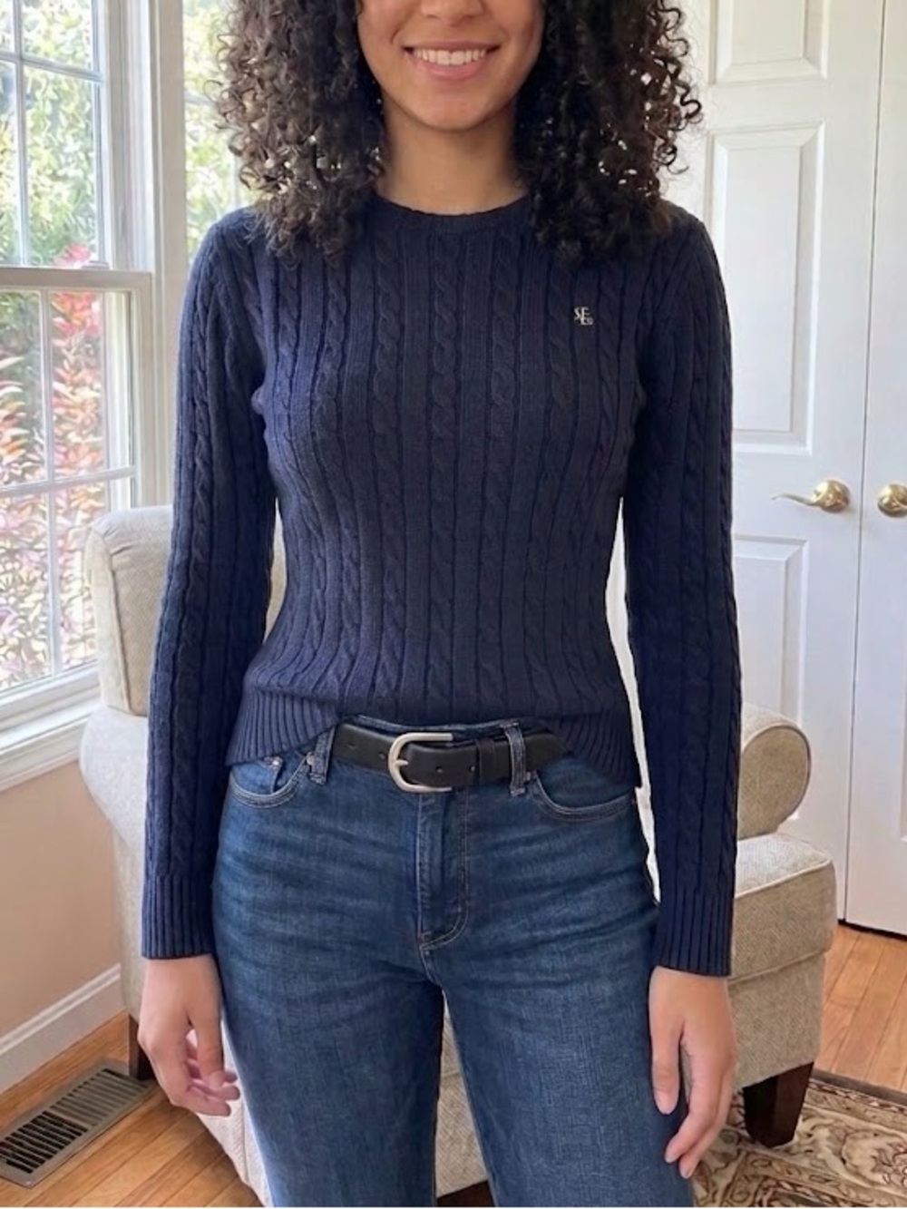 Lauren Ralph Lauren Cable-Knit Crewneck Sweater Long Sleeve Fitted Navy Size XS